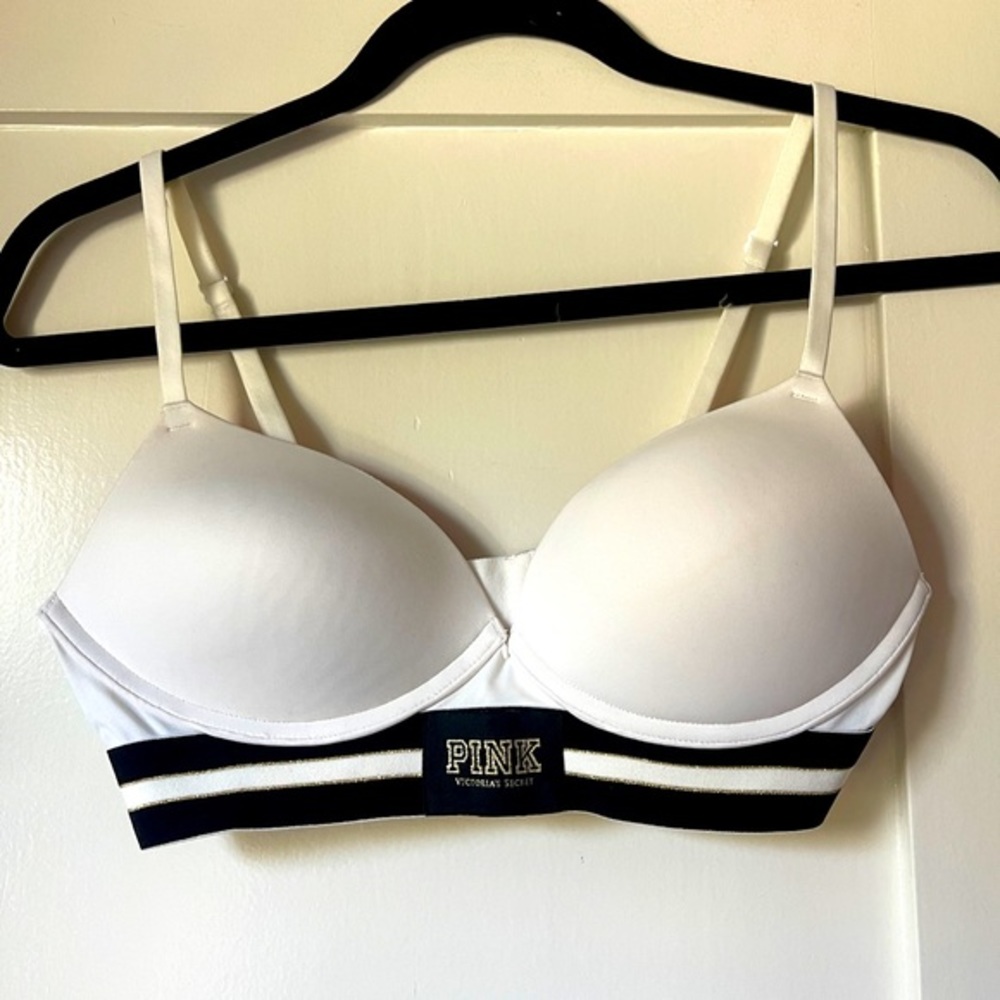 Victoria’s Secret PINK white bra with sporty black and gold logo band, size 32c